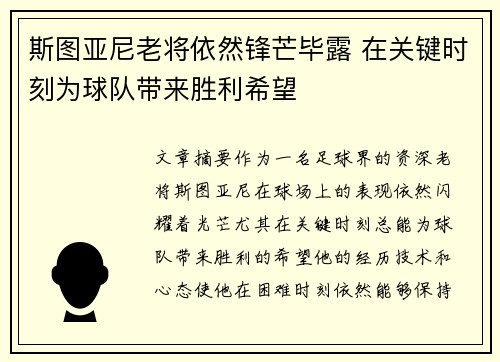 斯图亚尼老将依然锋芒毕露 在关键时刻为球队带来胜利希望 斯图亚尼老将依然锋芒毕露 在关键时刻为球队带来胜利希望
