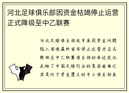 河北足球俱乐部因资金枯竭停止运营正式降级至中乙联赛 河北足球俱乐部因资金枯竭停止运营正式降级至中乙联赛