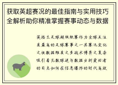 获取英超赛况的最佳指南与实用技巧全解析助你精准掌握赛事动态与数据分析 获取英超赛况的最佳指南与实用技巧全解析助你精准掌握赛事动态与数据分析