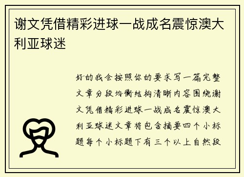谢文凭借精彩进球一战成名震惊澳大利亚球迷 谢文凭借精彩进球一战成名震惊澳大利亚球迷